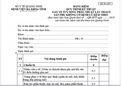 BẢNG KIỂM QUY TRÌNH KỸ THUẬT GÂY TÊ TỦY SỐNG PHẪU THUẬT LẤY THAI Ở SẢN PHỤ KHÔNG CÓ BỆNH LÝ KÈM THEO