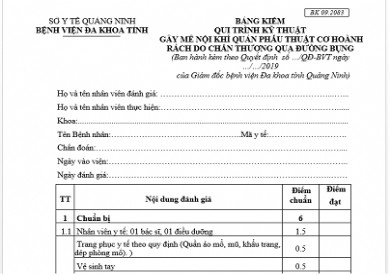 BẢNG KIỂM QUI TRÌNH KỸ THUẬT GÂY MÊ NỘI KHÍ QUẢN PHẪU THUẬT CƠ HOÀNH RÁCH DO CHẤN THƯƠNG QUA ĐƯỜNG BỤNG