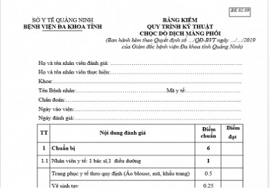 BẢNG KIỂM QUY TRÌNH KỸ THUẬT CHỌC DÒ DỊCH MÀNG PHỔI
