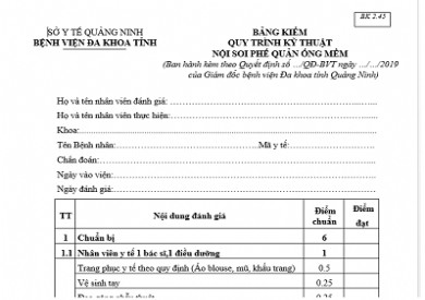 BẢNG KIỂM QUY TRÌNH KỸ THUẬT NỘI SOI PHẾ QUẢN ỐNG MỀM