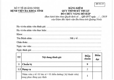 BẢNG KIỂM QUY TRÌNH KỸ THUẬT ĐO CHỨC NĂNG HÔ HẤP