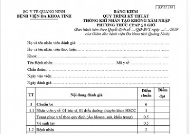 BẢNG KIỂM QUY TRÌNH KỸ THUẬT THÔNG KHÍ NHÂN TẠO KHÔNG XÂM NHẬP PHƯƠNG THỨC CPAP ≤ 8 GIỜ