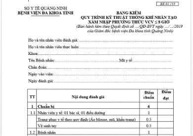 BẢNG KIỂM QUY TRÌNH KỸ THUẬT THÔNG KHÍ NHÂN TẠO XÂM NHẬP PHƯƠNG THỨC VCV ≤ 8 GIỜ