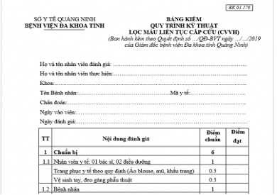 BẢNG KIỂM QUY TRÌNH KỸ THUẬT BƠM THÔNG LỆ ĐẠO