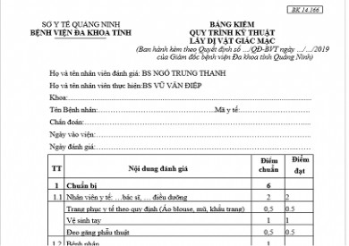 BẢNG KIỂM QUY TRÌNH KỸ THUẬT LẤY DỊ VẬT GIÁC MẠC