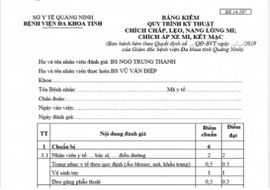 BẢNG KIỂM QUY TRÌNH KỸ THUẬT CHÍCH CHẮP, LẸO, NANG LÔNG MI; CHÍCH ÁP XE MI, KẾT MẠC