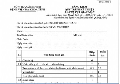 BẢNG KIỂM QUY TRÌNH KỸ THUẬT LẤY DỊ VẬT GIÁC MẠC