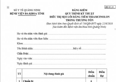BẢNG KIỂM QUY TRÌNH KỸ THUẬT ĐIỀU TRỊ SẸO LỒI BẰNG TIÊM TRIAMCINOLON TRONG THƯƠNG TỔN