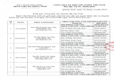 DANH SÁCH TRỰC CẤP CỨU NGOÀI VIỆN VÀ CHUYỂN TUYẾN CẤP CỨU TỪ 23.12 ĐẾN 30.12.2019