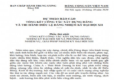 Dự thảo báo cáo Tổng kết công tác xây dựng Đảng và thi hành điều lệ Đảng nhiệm kỳ Đại hội XII