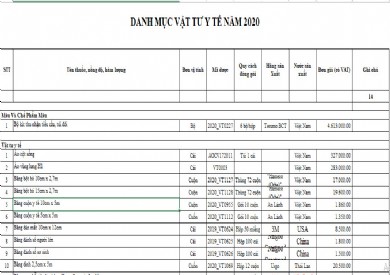 Danh mục, giá vật tư y tế năm 2020