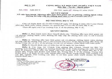 Quyết định V/v Ban hành hướng dẫn tạm thời giám sát và phòng, chống bệnh viêm đường hô hấp cấp do chủng mới của vi rút Corona (nCoV)