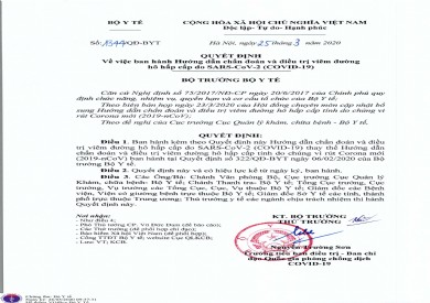 Quyết định 1344 v/v ban hành Hướng dẫn chẩn đoán và điều trị viêm đường hô hấp cấp do SARS-CoV-2 (Covid-19)