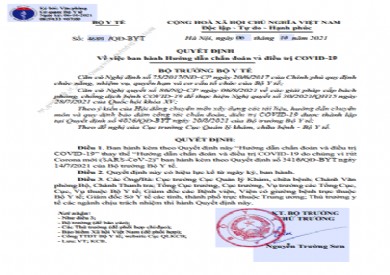 Hướng dẫn chẩn đoán và điều trị COVID-19 (Ban hành kèm theo quyết định số 4689/QĐ-BYT ngày 06 tháng 10 năm 2021)