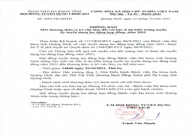 THÔNG BÁO MỜI THƯƠNG THẢO VỊ TRÍ VIỆC LÀM ĐỐI VỚI BÁC SĨ DỰ KIẾN TRÚNG TUYỂN KỲ TUYỂN DỤNG LAO ĐỘNG HỢP ĐỒNG NĂM 2021