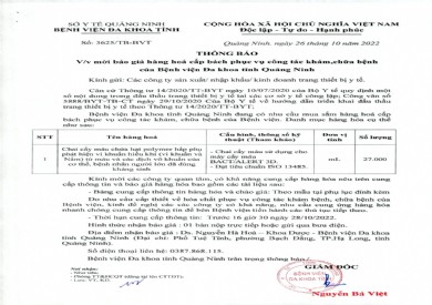 Thông báo mời báo giá hàng hóa cấp bách của Bệnh viện Đa khoa tỉnh Quảng Ninh (3625)