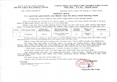 Thông báo mời báo giá thuốc của Bệnh viện Đa khoa tỉnh Quảng Ninh (3783)
