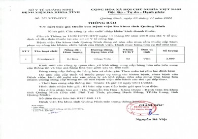 Thông báo mời báo giá thuốc của Bệnh viện Đa khoa tỉnh Quảng Ninh (3713)