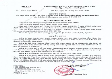 Quyết định số 1242/QĐ-BYT về việc ban hành Tài liệu Hướng dẫn phục hồi chức năng và tự chăm sóc các bệnh có liên quan sau mắc Covid-19