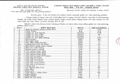 Thông báo về việc báo giá giấy in văn phòng phẩm (Thông báo số 1726/TB_BVT)