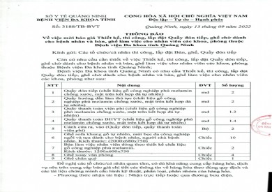Thông báo mời báo giá thiết kế lắp đặt quầy đón tiếp, ghế chờ dành cho bệnh nhân và bàn, ghế làm việc cho nhân viên các khoa, phòng (Số 3188/TB-BVT)