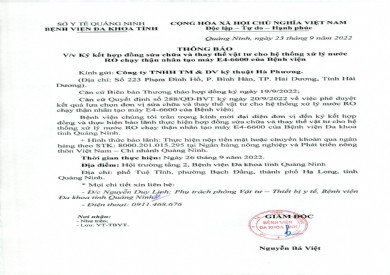 Thông báo ký kết hợp đồng sửa chữa và thay thế vật tư cho hệ thống xử lý nước RO chạy thận nhân tạo máy E4-6600 của bệnh viện