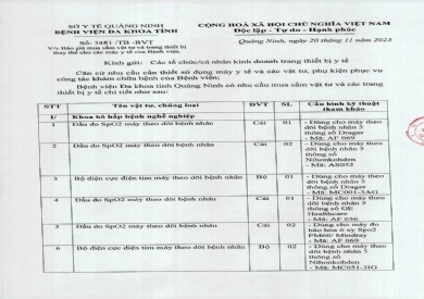 Mời báo giá mua sắm vật tư và trang thiết bị (3481)