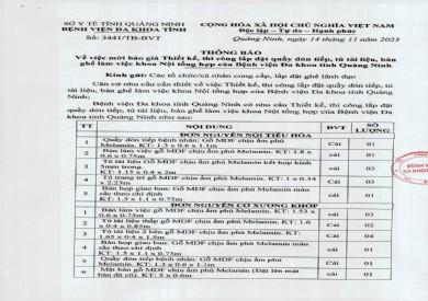 Mời báo giá thi công, lắp đặt quầy đón tiếp, tủ tài liệu, bàn ghế làm việc khoa Nội tổng hợp (3441)