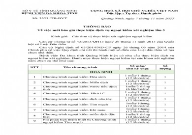 Mời báo giá thực hiện dịch vụ ngoại kiểm xét nghiệm lần 3 (3323)