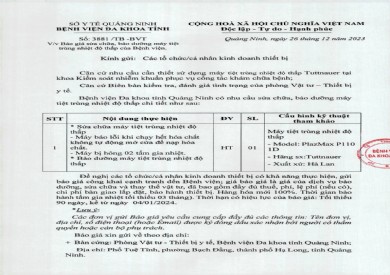 Mời báo giá sửa chữa, bảo dưỡng máy tiệt trùng độ thấp của bệnh viện (3881)