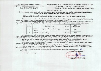 Mời báo giá tổ chức tiệc Ngày hội đăng ký hiến mô, tạng tại bệnh viện (3498)