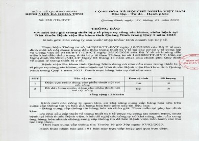 Thông báo mời báo giá trang thiết bị y tế phục vụ công tác khám, chữa bệnh (238)
