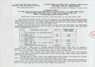 Thông báo mời báo giá cung cấp dịch vụ vệ sinh khu nhà điều hành, PKĐK số 2 và khu vực ngoại cảnh (4222)
