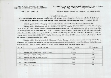 Thông báo mời báo giá trang thiết bị y tế (731)