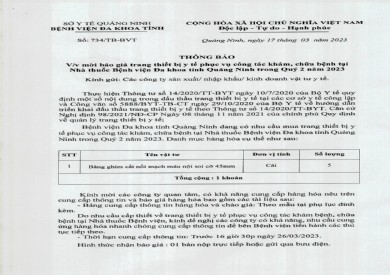 Thông báo mời báo giá trang thiết bị y tế (734)