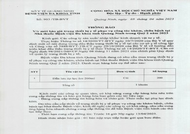 Thông báo mời báo giá trang thiết bị y tế (903)