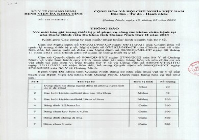 Thông báo mời báo giá trang thiết bị y tế (1417)