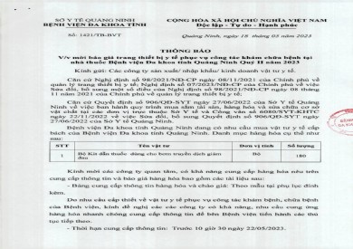Thông báo mời báo giá trang thiết bị y tế (1421)
