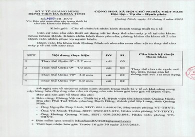 Thông báo mời báo giá mua sắm các trang thiết bị (1459)