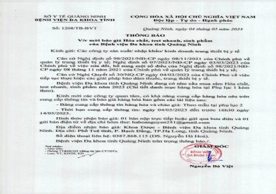 Thông báo mời báo giá hóa chất, test nhanh sinh phẩm của Bệnh viện Đa khoa tỉnh Quảng Ninh (1208)