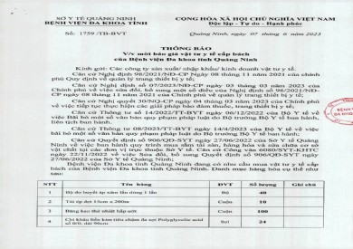Thông báo mời báo giá vật tư y tế cấp bách của bệnh viện (1759)