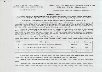 Mời báo giá trang thiết bị y tế phục vụ công tác khám chữa bệnh (1912)