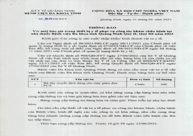Mời báo giá trang thiết bị y tế phục vụ công tác khám chữa bệnh (1914)