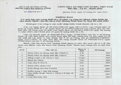 Mời báo giá trang thiết bị y tế phục vụ công tác khám chữa bệnh (1932)