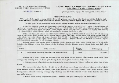Mời báo giá trang thiết bị y tế phục vụ công tác khám chữa bệnh (1933)