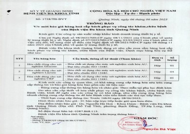 Mời báo giá hàng hóa cấp bách phục vụ công tác khám chữa bệnh (1738)