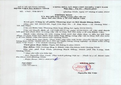 Thông báo ký kết kết hợp đồng cung cấp vật tư và trang thiết bị y tế (1763)