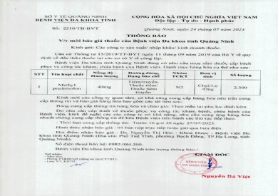Thông báo mời báo giá thuốc của Bệnh viện Đa khoa tỉnh Quảng Ninh (2210)