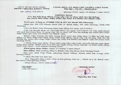 Thông báo ký kết hợp đồng cung cấp vật tư thay thế cho hệ thống lọc nước RO chạy thận nhân tạo (2240)