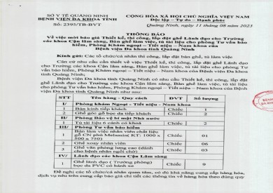 Thông báo mời báo giá thiết kế, thi công, lắp đặt ghế lãnh đạo cho trưởng các khoa Cận lâm sàng; Bàn ghế làm việc, tủ tài liệu cho phòng tư vấn bảo hiểm, Phòng khám Ngoại - Tiết niệu - Nam khoa (2395)